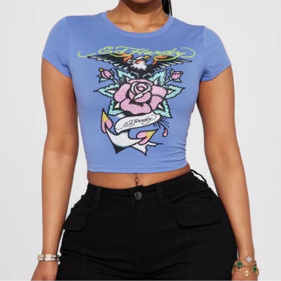 Ed Hardy Tops - ED HARDY Pale Blue Graphic Print Crop Top Tee